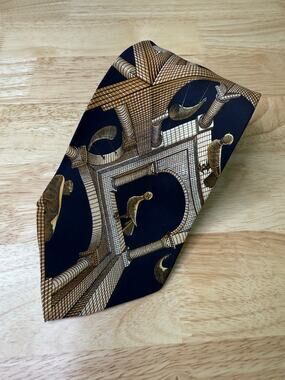 100% Silk Men's Neck Tie Made in Italy M.C. Escher Gold Navy Abstract JL